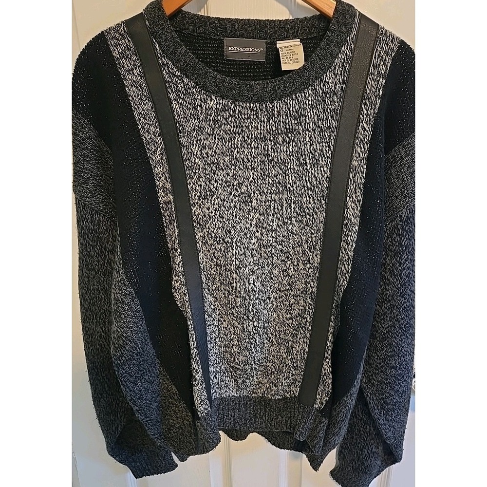 Vtg Expressions Mens L Sweater Black Leather Stripe Gray Cosby Style Retro Korea